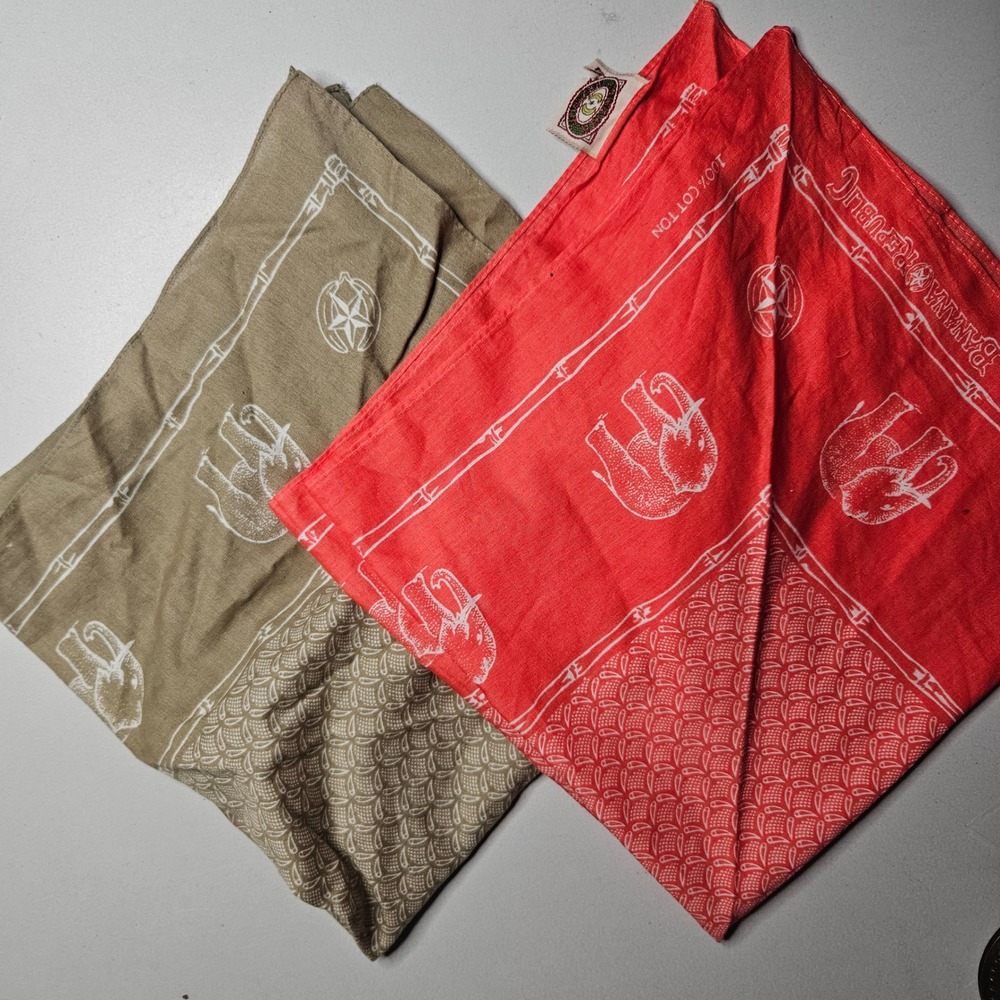 Vtg Banana Republic Elephant Bamboo Bandana Set Red Safari Khaki Cotton Japan